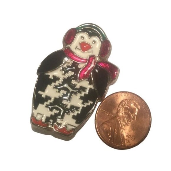Penguin Brooch Enamel Pin With Red Scarf and Ear Muffs Winter Theme Jewelry - Picture 7 of 9